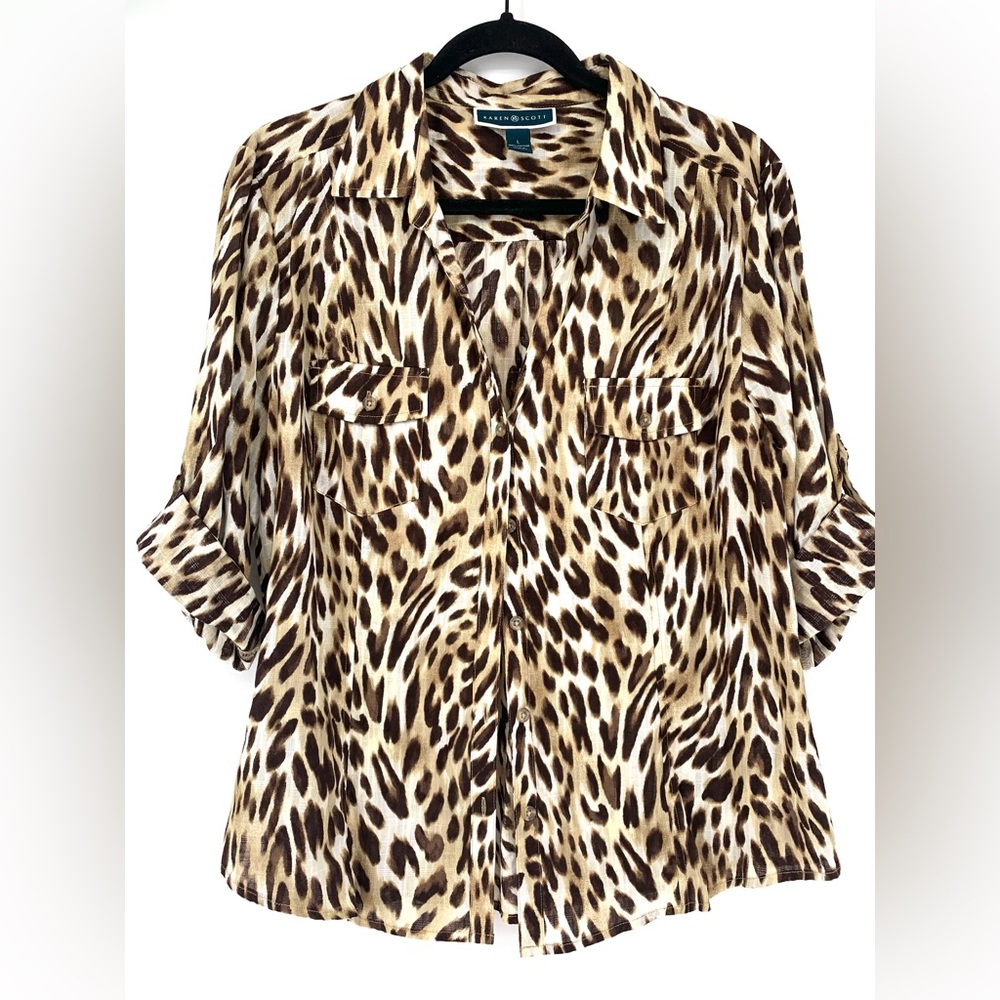 Karen Scott Leopard Print Roll-Tab Sleeve Blouse in Brown and Cream